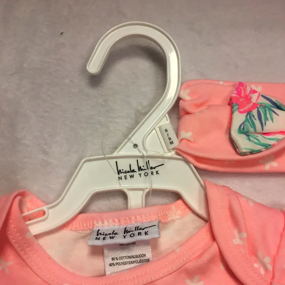 Nicole Miller Romper Set Baby Girl 6-9M Pink Aloha Tropical‎ Good Flutter Sleeve